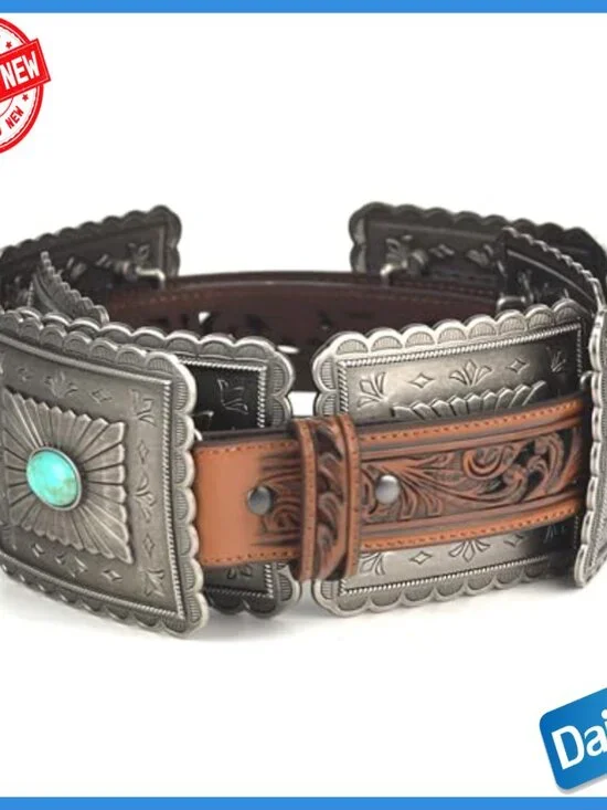 Leather Western Belt with Concho Buckle, Size Small, 1.5" Width - Picture 6 of 7